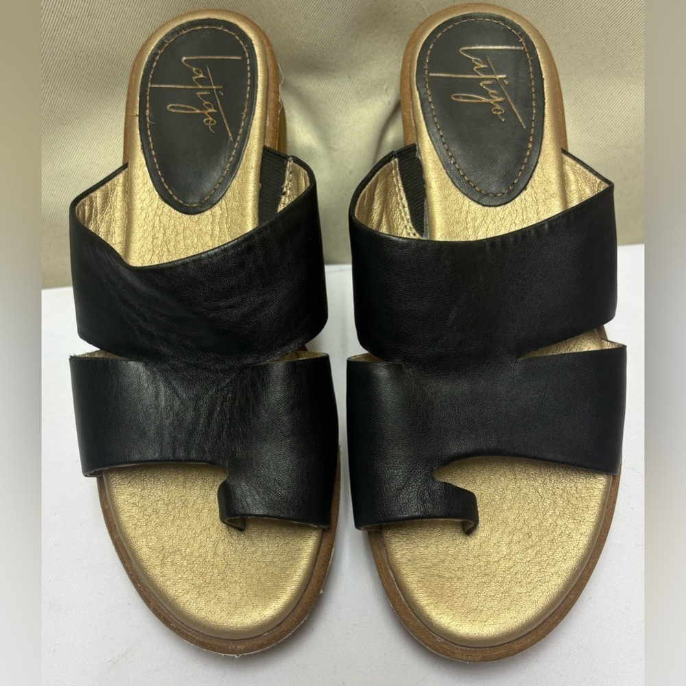 Latigo Women's Black Leather Karen Cork Platform Wedge Wrap Slide Sandals Size 7